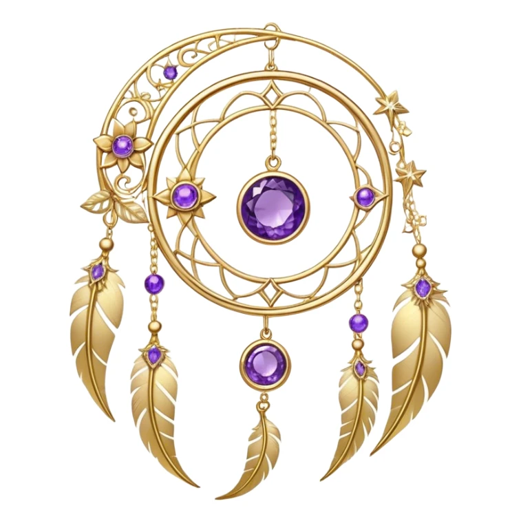 Epic beautiful gorgeous cute gold suncatcher, threads with shiny sparkly amethyst gemstones, flowers, crescents-moons, stars, gold Feathers  sticker