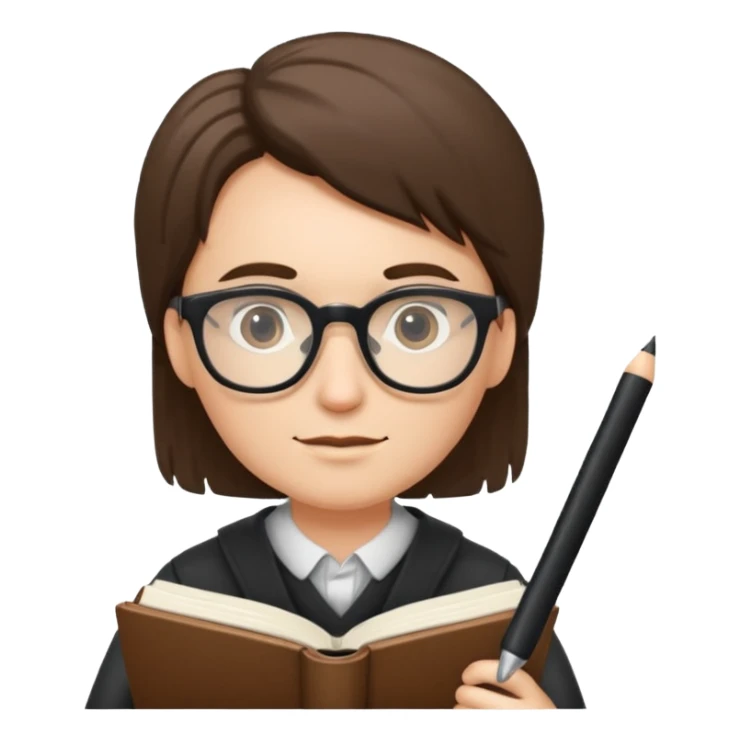 writer holding big pen and book, wearing glasses sticker