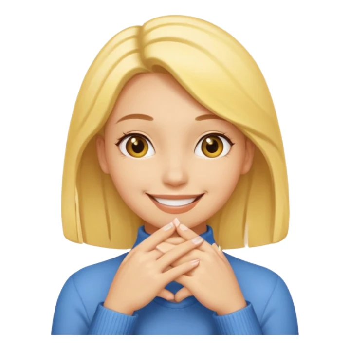 yellow smiling face girl with both hands under chin fingers touching sticker