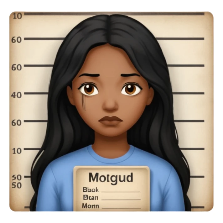 sad black prisoner long haired woman mug shot with bg no cup no mug sticker