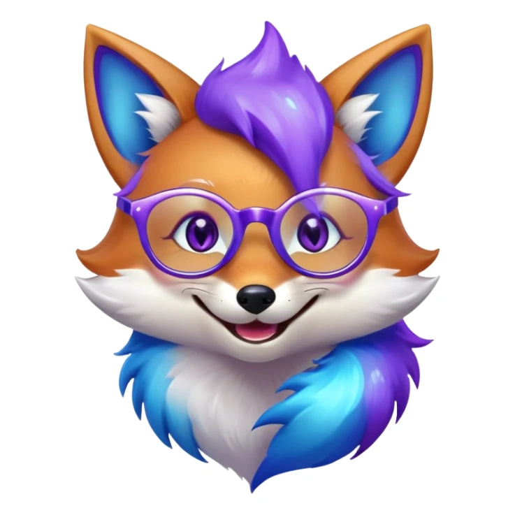 A magical fox with shimmering purple and blue fur, a glowing tail, a silver star on its forehead, and round glasses, laughing so hard that tears are streaming from its eyes sticker