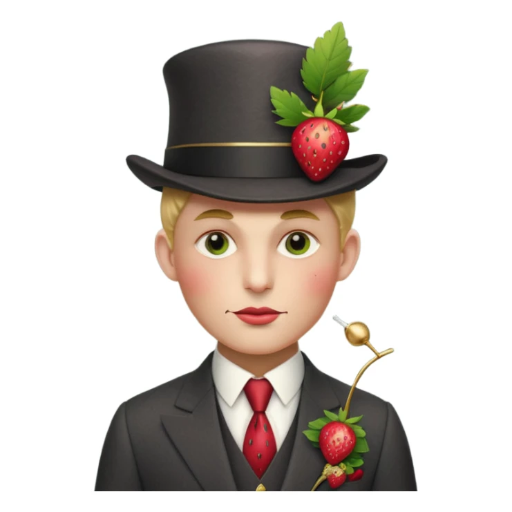 Pretentious cartoon strawberry in a tailored charcoal three‑piece suit, leaf‑cap styled like a pompadour, gold‑stud seeds, sugar‑glass monocle, licorice cane, smug expression; clean vector style, flat shading, cream background, rich crimson/forest‑green palette, 3/4 view, elegant lighting.
 sticker