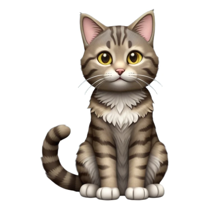 cinematic-[grey brown tabby cat]-realistic-full-body-sitting-emoji,-tail-curled-playfully-around-its-paws,-head-tilted-dramatically,-scruffy-[grey]-fur,-simplified-yet-realistic-focused-features,-highly-detailed,-glowing-with-an-almost-sarcastic-glow sticker