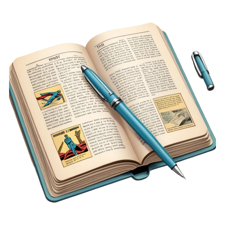Create a detailed emoji representing the process of writing texts for comic books. The design should feature a large, open comic book with vintage comic strips visible on its pages. A pen should be shown writing text on one of the comic panels, but without a hand. The pencil should appear as though it is actively creating the dialogue or narration. Use a classic color palette with muted tones for the comic book and brighter accents on the pencil to draw attention to the writing process. Do not include any emojis or smiley faces. Make the background transparent. sticker
