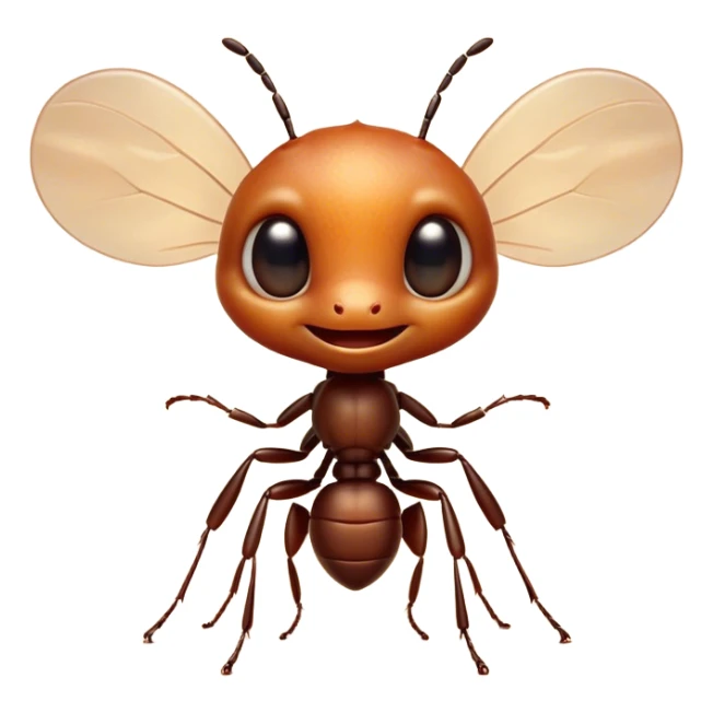 Cinematic Cute Ant Portrait Emoji, Head tilted playfully and inquisitively, featuring a minuscule, charming body with a delicately textured exoskeleton and round, sparkling eyes brimming with curious mischief, Simplified yet irresistibly adorable features, highly detailed, glowing with a warm, inviting earthy glow, high shine, affectionate and lively, stylized with a touch of whimsical industrious charm, soft glowing outline, capturing the essence of a mischievous ant that seems as if it could scurry out of the screen into your arms! sticker