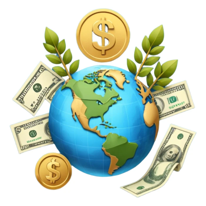 An icon featuring  a dollar sign, and a chart with upward trends, symbolizing economics. The design includes coins, bills, and earth e, representing global trade and financial systems. Transparent background highlights the study of markets, supply, and demand. sticker