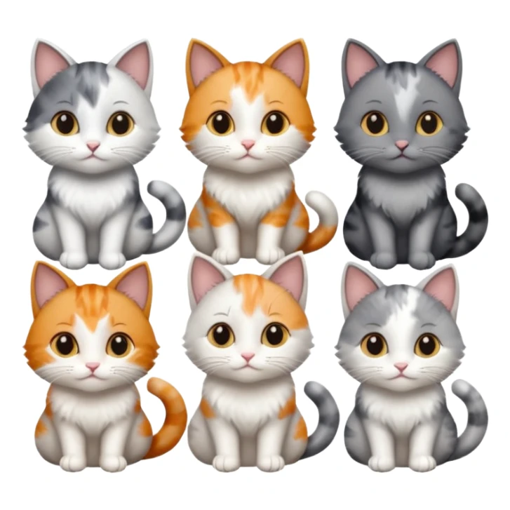 6 realistic looking cats with different natural coloured coats, assorted grey and white, greys, calico colours etc
 sticker