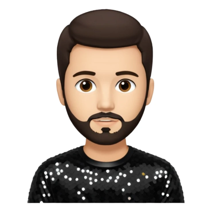 Frankie Zulferino, Pop Singer (b.1990) with dark brown hair and short beard, black sequin outfit, light tan skin sticker