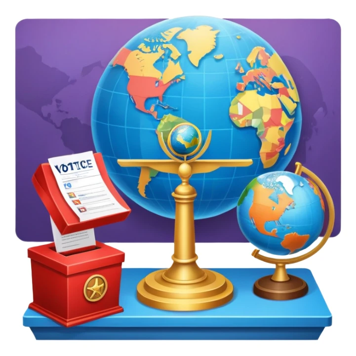 An icon featuring a podium with a speaker, a ballot box with a voting slip, and a globe, symbolizing political science. The design includes scales of justice and a world map in the background, representing governance and global politics. Transparent background highlights political analysis. sticker