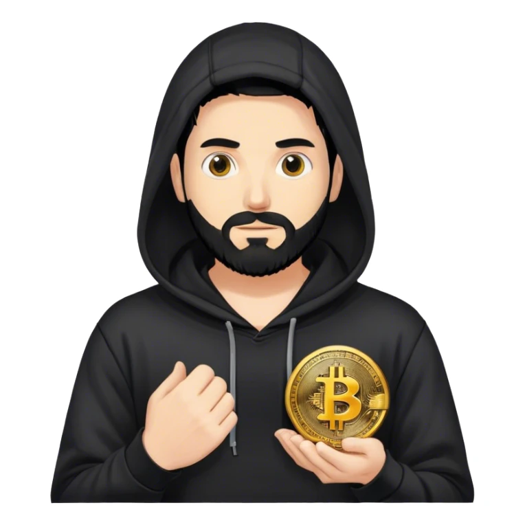 hackeur blanc cheveux noir barbe et capuche noir avec un bitcoin sticker