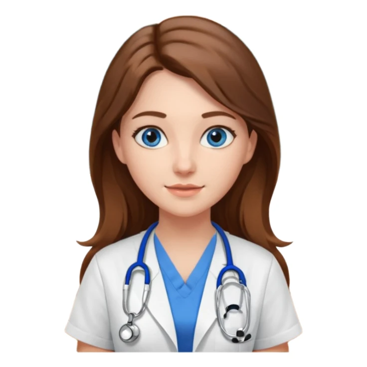 inside a classroom at university, a pretty female nursing student with long brown hair, blue eyes sticker