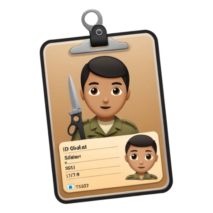 Floating black Scissors cutting in half an idf soldier ID card with a little chip in 2 parts .hyper realistic sticker