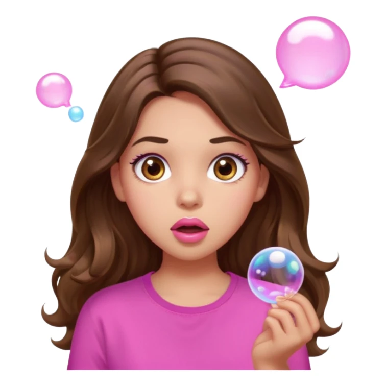 girl with long wavy brown hair, brown eyes, light to medium complexion, in a pink shirt, pink lips, long lashes, surprised, wow bubble sticker