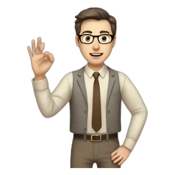 To belt Actively gesturing with hands Pale skinned fit man teacher with dark brown hair in gray jacket, beige office shirt, brown tie, brown pants and vintage glasses. sticker