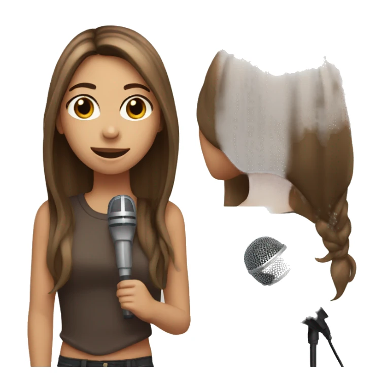 girl with straight long brown hair, brown eyes with microphone sticker