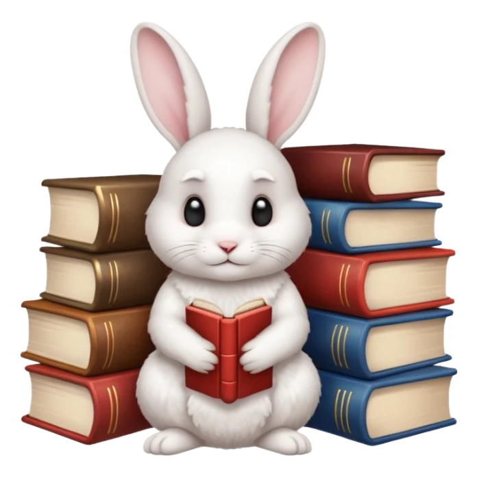 White rabbit sitting next to a stack of books consisting of 3 books sticker