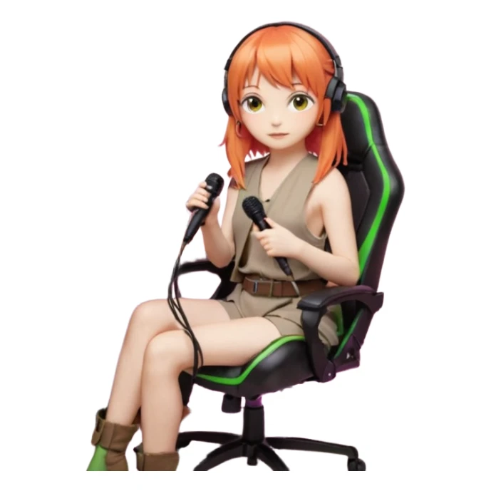 An ASMR streamer with orange hair, bangs, green eyes, and a microphone in front of her. Her room is dimly lit with pink light. She's sitting in a gaming chair with "Serappu" written on it. Behind her is a snake plant. On the shelf next to the plant are Baby Yoda and Gandalf toys. sticker