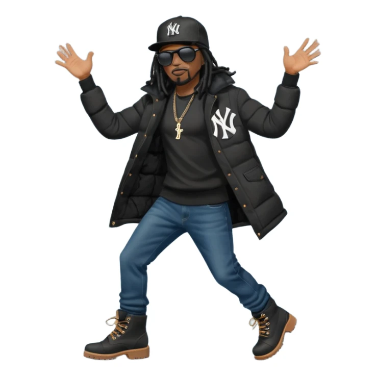 African American man with shoulder length black dreadlocks and black sunglasses wearing a black New York Yankees baseball hat wearing a black bubble winter coat with denim skinny jeans and timberland boots dancing sticker