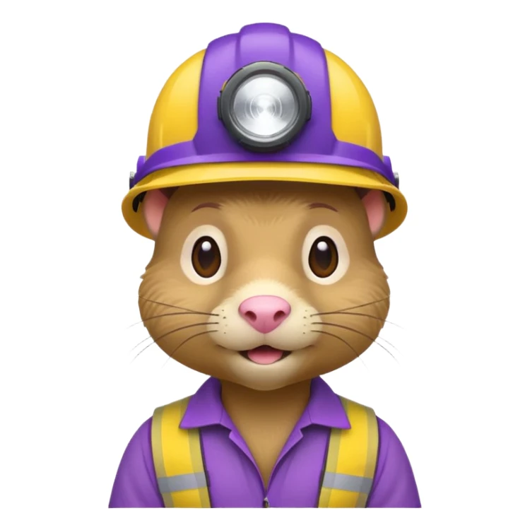 a mole rat, purple helmet, headlamp, yellow worker cloth sticker