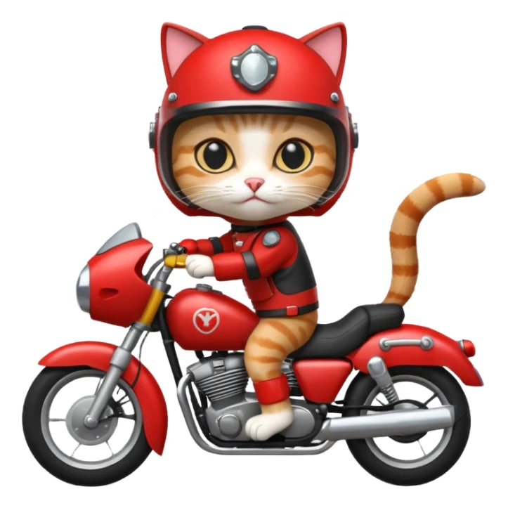 Cat on red and black motorcycle with helmet sticker
