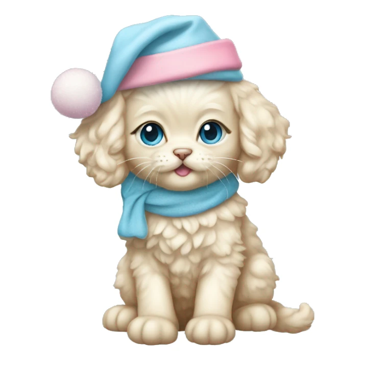 Cream cockapoo kitten whole body with pastel blue eyes, and with pink Christmas hat sticker