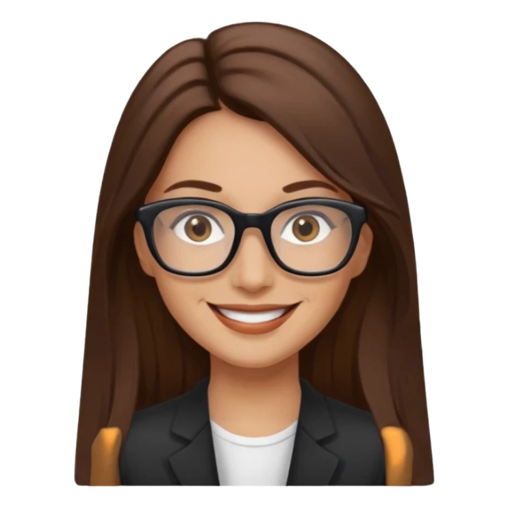 Woman 40, brown long hair, brown eyes, rectangle black glasses sticker