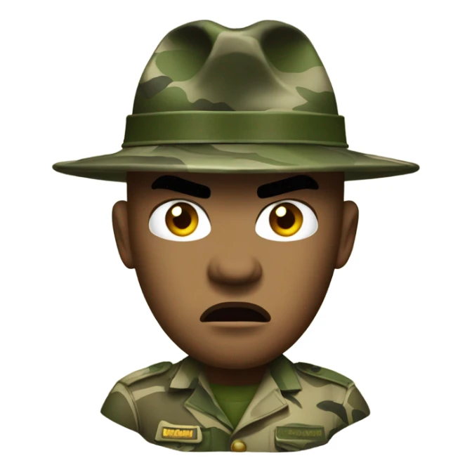 drill sergeant character wearing a classic sergeant hat and a camouflage army shirt. The character should have an angry intense expression. full torso sticker