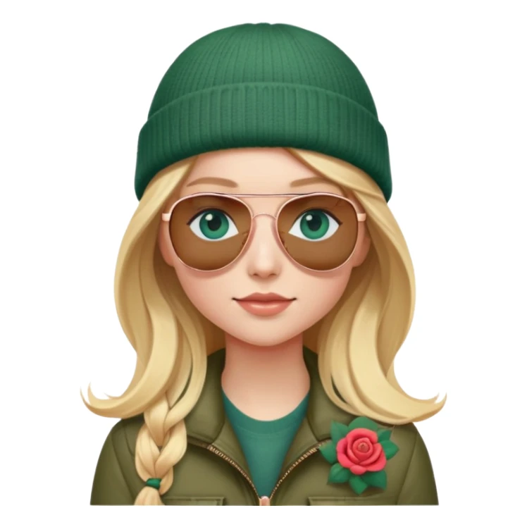 girl with long blond hair
with blue eyes
and aviator sunglasses
wearing beanie
wearing (rose gold apple watch with forest green band) sticker