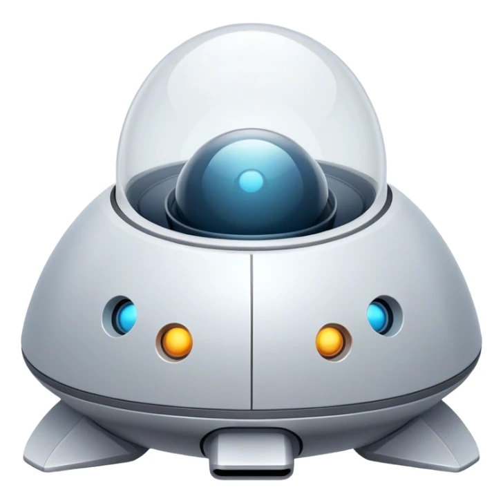 Design a simple, semi-realistic spaceship with a clean and minimalistic design. The ship should have a smooth, rounded shape with a few subtle mechanical details, like small thrusters or panels, but avoid overly complex or advanced features. Add a 'face' to the front of the ship using basic shapes, such as two circular lights for 'eyes' and a curved line or pattern for a 'smile,' giving it a friendly and approachable personality. The design should feel functional yet charming, as if the ship has its own character or consciousness. Use a plain, transparent background with no additional elements, focusing entirely on the ship. The lighting should be soft and even, highlighting the ship's 'face' and overall design. sticker