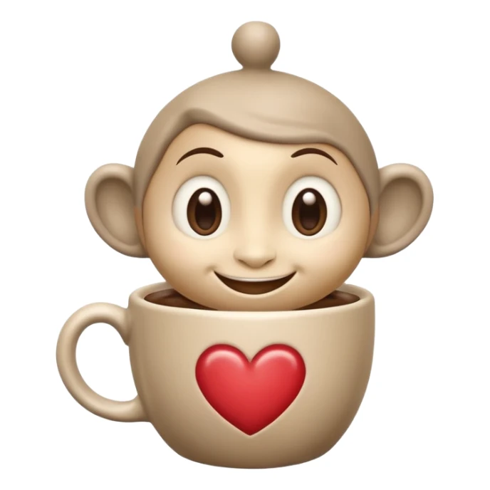 Ink wash style, coffee cup creature, big heart eyes, dopey smile sticker