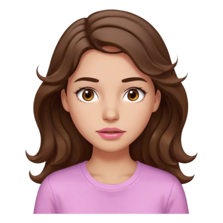 girl with wavy long brown hair, brown eyes, light to medium complexion, long lashes, light pink lipstick, wearing light pink shirt, sweating on the forehead sticker
