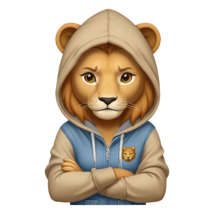 determined anthropomorphised female lion in a hoodie and jeans with arms folded, energetic pose sticker