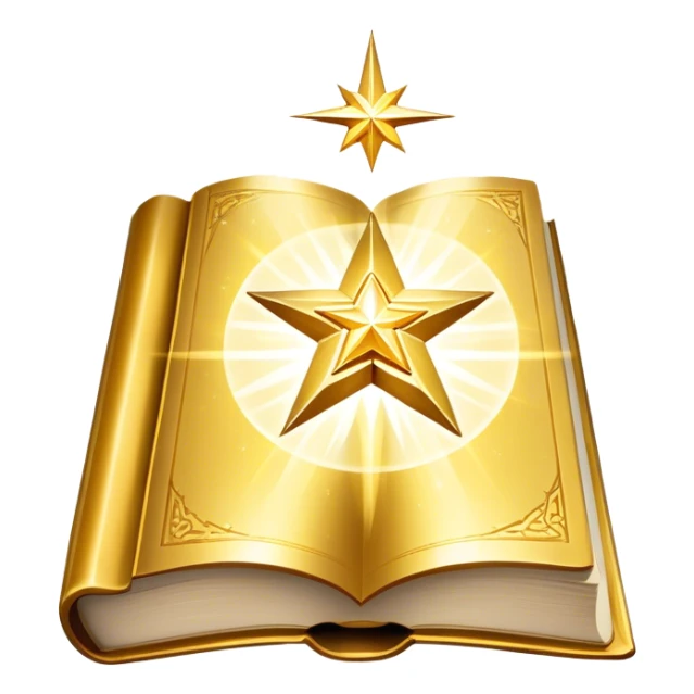 A shimmering gold book with a radiant glow, floating slightly as if under a spotlight. Its cover features a bold, star-like sigil ✨, symbolizing influence and magnetism. Light halo effects or sparkles surround it, giving off an aura of effortless charm and star power. sticker