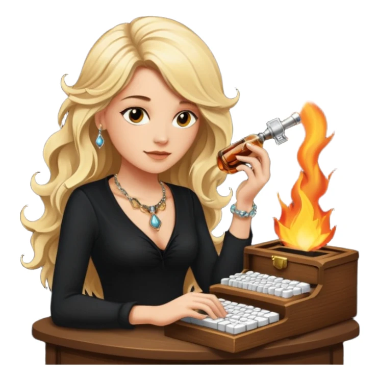 A sketchnote illustration rendered in a strong moody style, featuring a blonde woman with cascading gorgeous hair, a keyboard, a whiskey bottle, a key, a jewelry box, and fire elements against a black background. The lighting is low with low contrast, emphasizing dramatic shadows. sticker