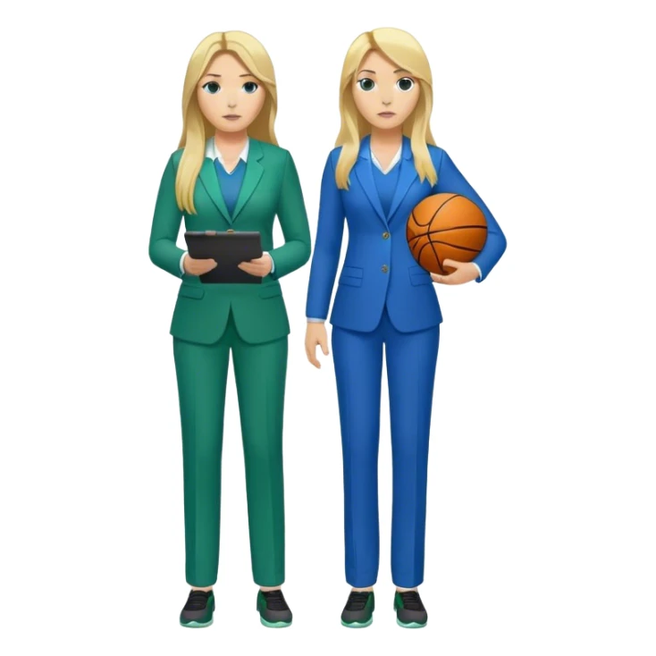 Full Body white plus size female basketball head coach using a clipboard with long blonde hair in a blue and green suit sticker