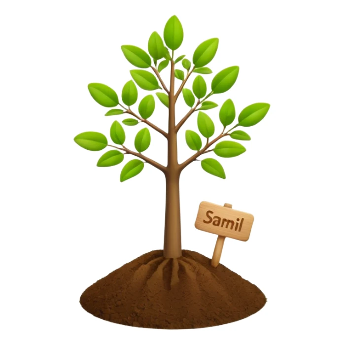 small green tree sapling with wooden name tag on soft soil, apple 3d emoji style sticker