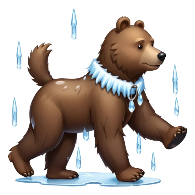 Natural looking brown bear walking on four paws, wearing a thick collar made of clear ice with sharp icicles dangling from it, like a large dog collar shape sticker
