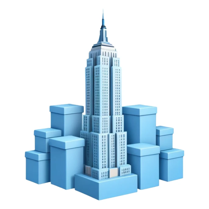 light blue Empire State Building with boxes stacked around, lively sticker