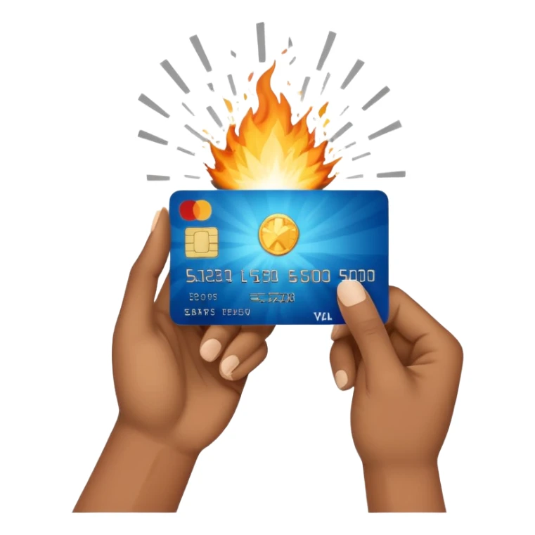 hand holding credit card forward with an explosion underneath sticker
