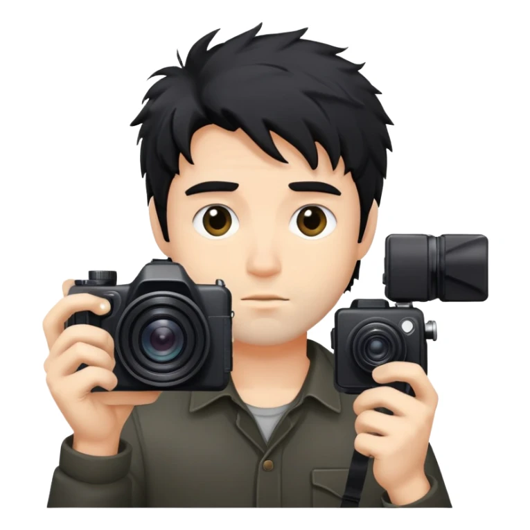 a man with black messy hair with one camera sticker