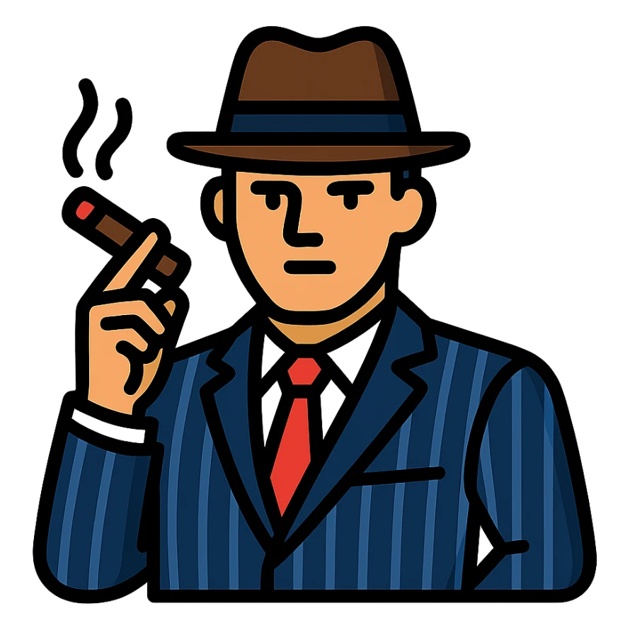 gangster, 1920s mobster, pinstripe suit, fedora, confident pose, holding cigar sticker