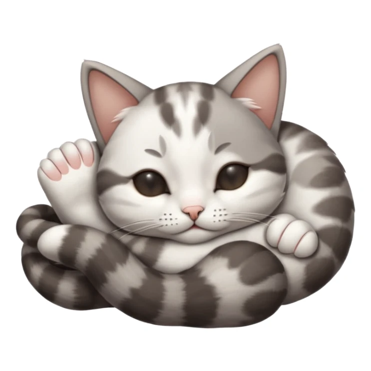 grey and white small cat with eyes closed lying down upside down with its paws/arms tightly covering its own face sticker