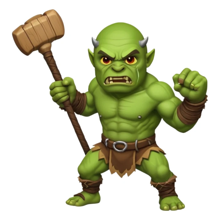 orc character swinging a club, simplified and bold, clear facial expression, fun and readable at small size, sized and composed for Twitch emoji sticker