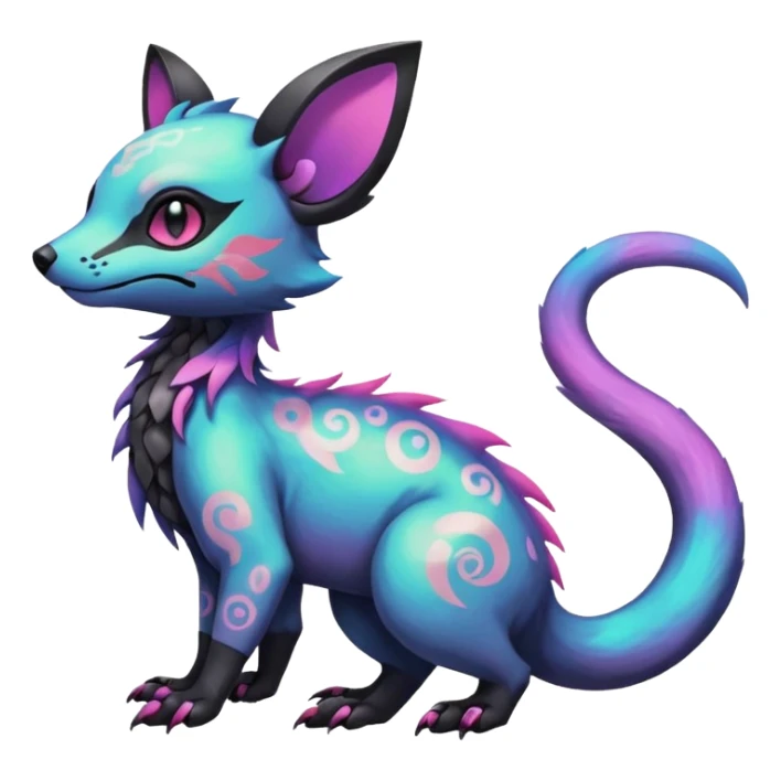 Rare neon iridescent white exotic cute epic aesthetic gothic colorful Salandit-Eevee-Civet-species-Fakemon-hybrid-creature, with intricate tattoo markings, full body sticker