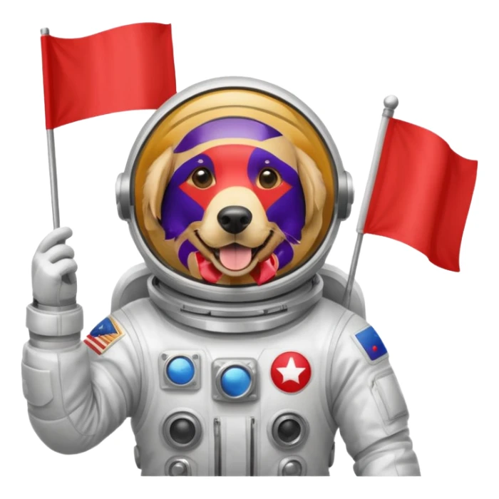 golden retriever body in space suit holding red rectangle flag sticker