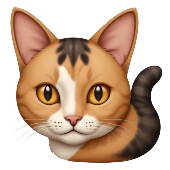 a cat, the left ear is brown, and the right ear is black sticker