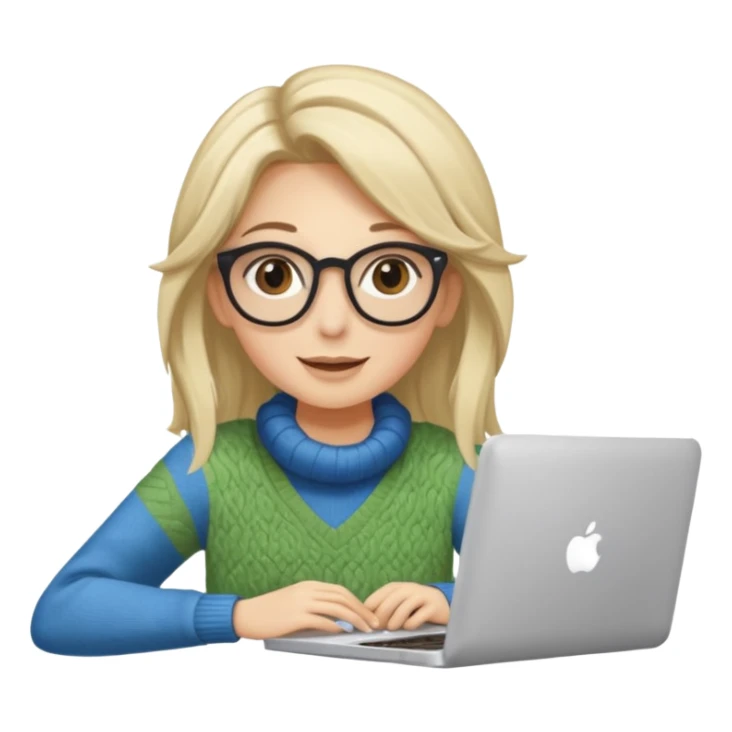 ragazza bionda sorridente con capelli lunghissimi, con occhiali tartarugati, occhi azzurri, con maglione beige, seduta alla scrivania che lavora al pc sticker