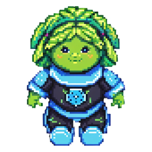 Cabbage Patch Kid as Tron character in 80's pixel art arcade style with vibrant neon colors sticker