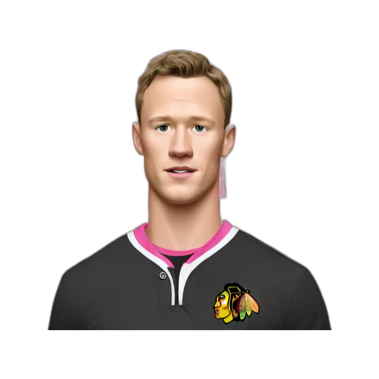 Jonathan Toews standing in front of pink mansion sticker
