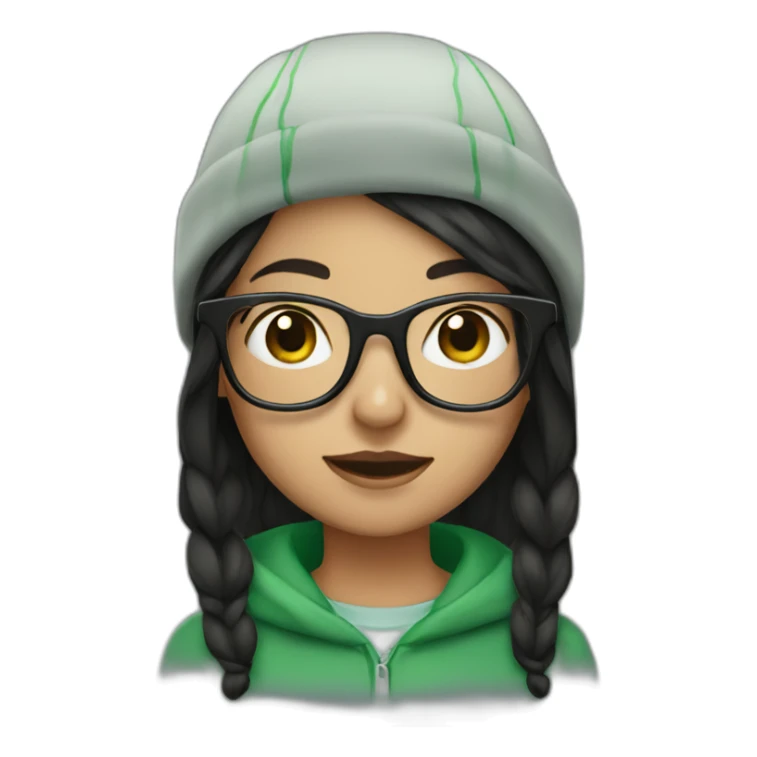 Dark haired girl with green cap and black glasses sticker